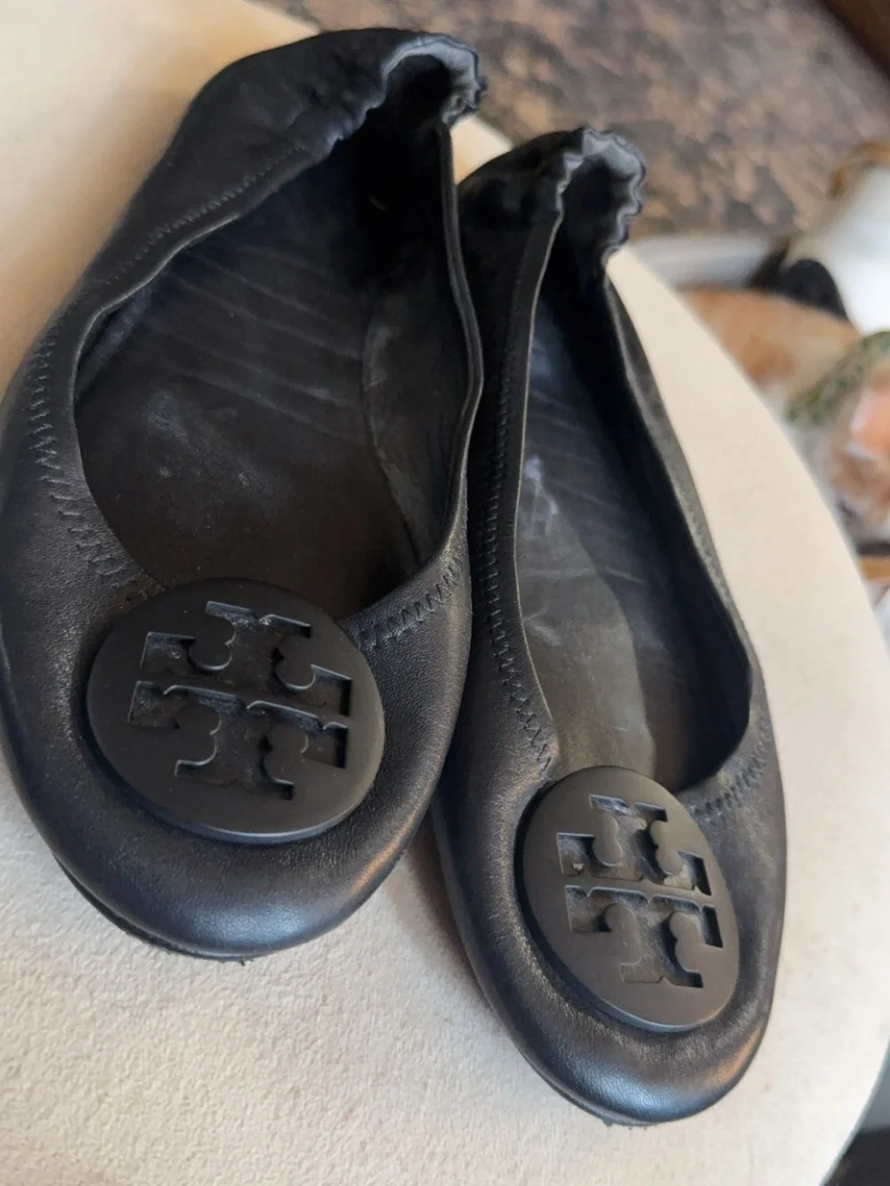 Tory Burch Black Leather Logo Ballet Flats